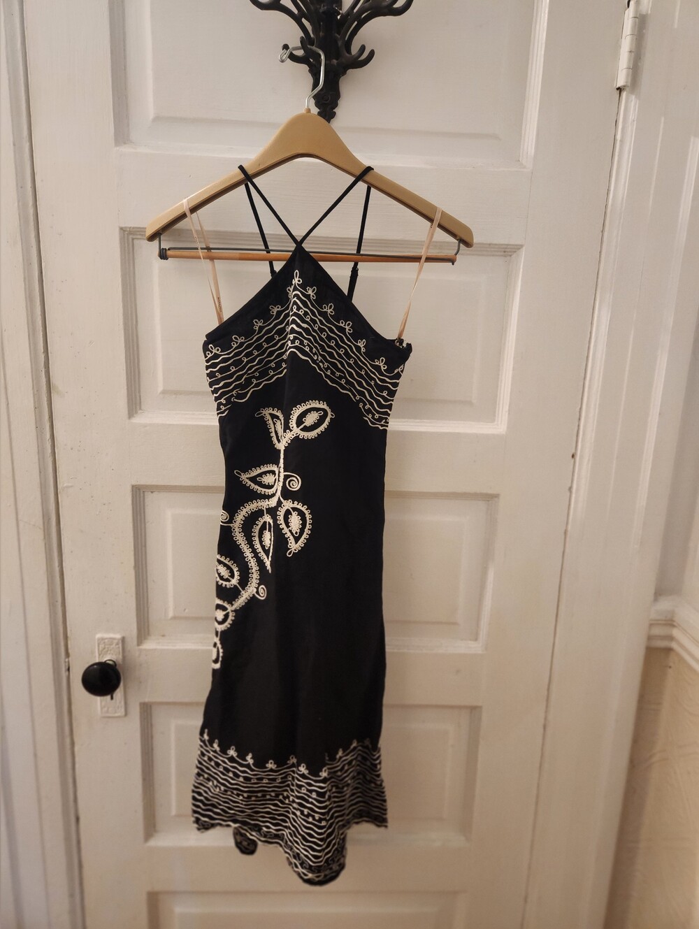 BCBGMaxAzria Black Mini Dress with White Wave Embroidery